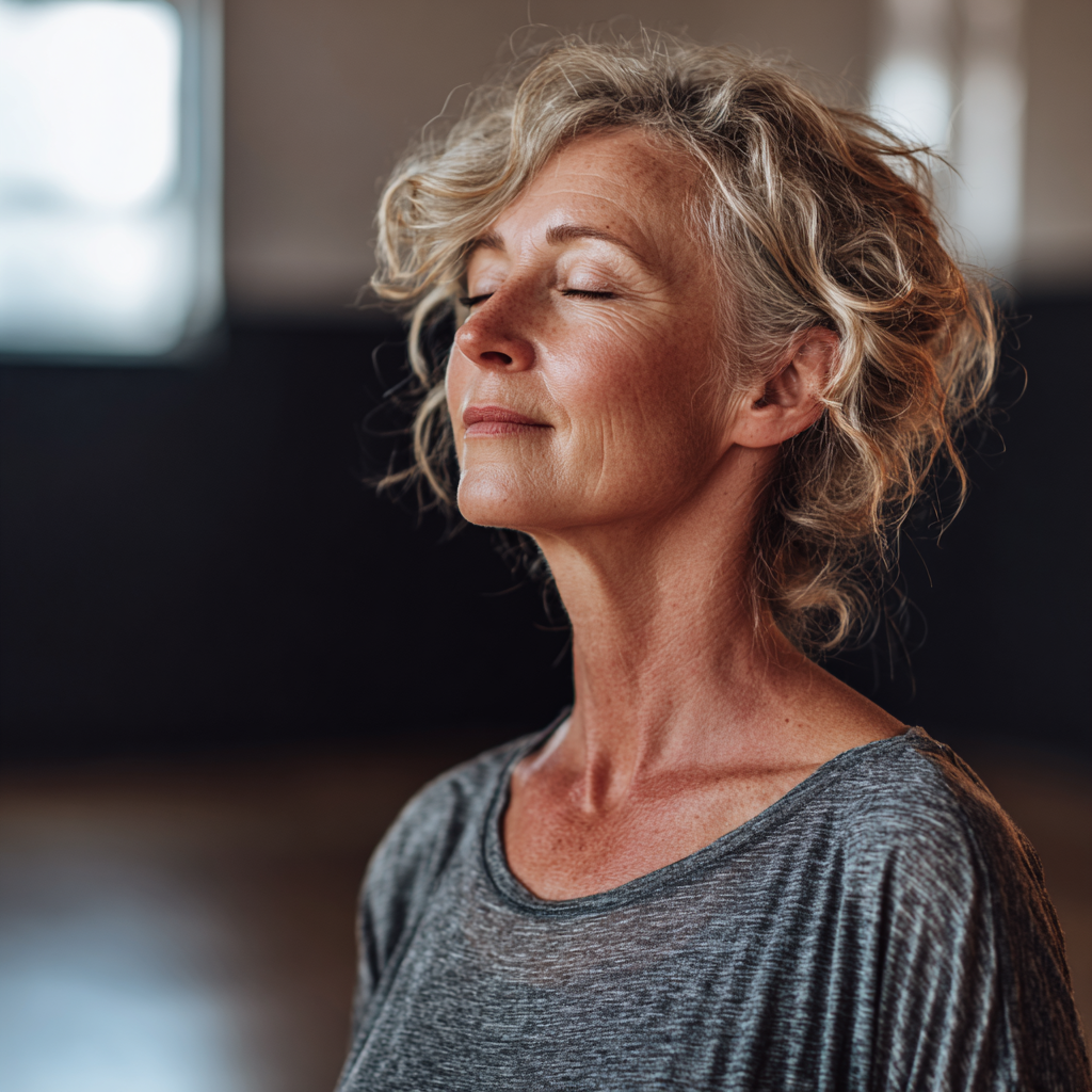 Peaceful mature woman practicing mindful breathing meditation in serene yoga studio environment